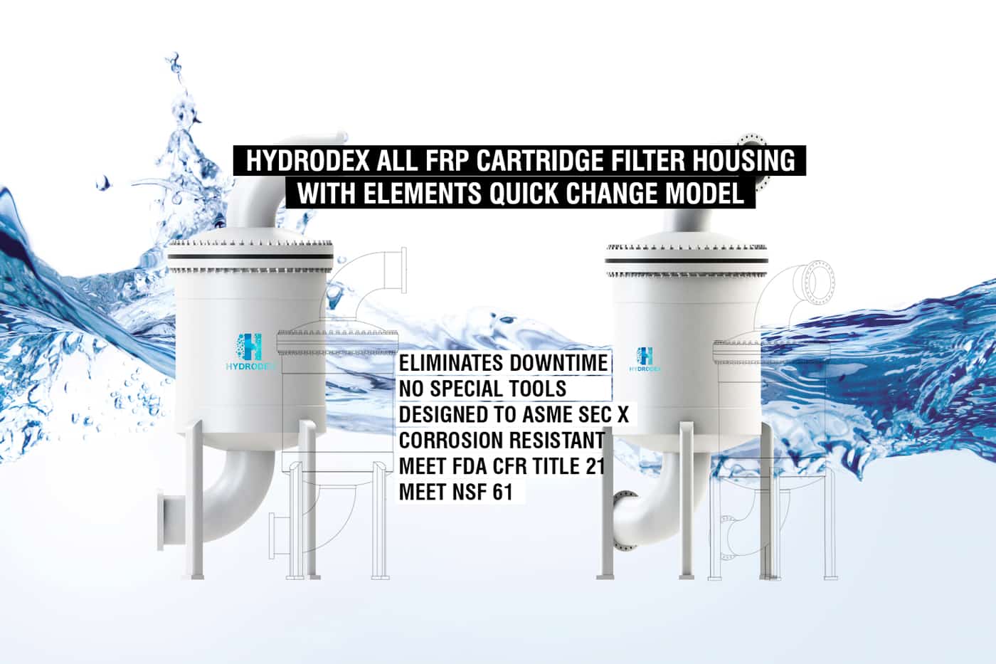 Hydrodex industrial FRP cartridge filter housi ng quick change element system
